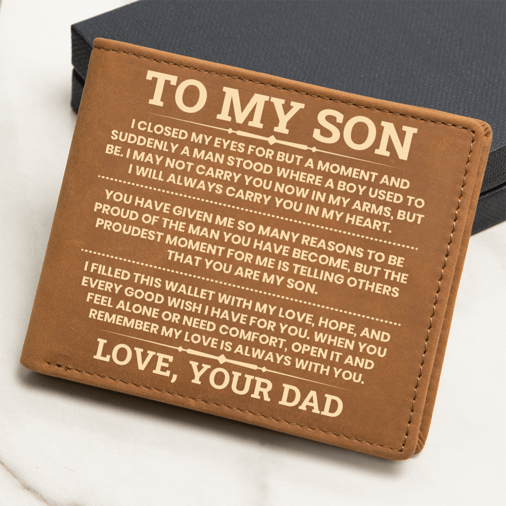 To My Son Leather Wallet, From Dad Gift, Meaningful Graduation or Birthday Gift for Son, Inspirational Wallet Keepsake