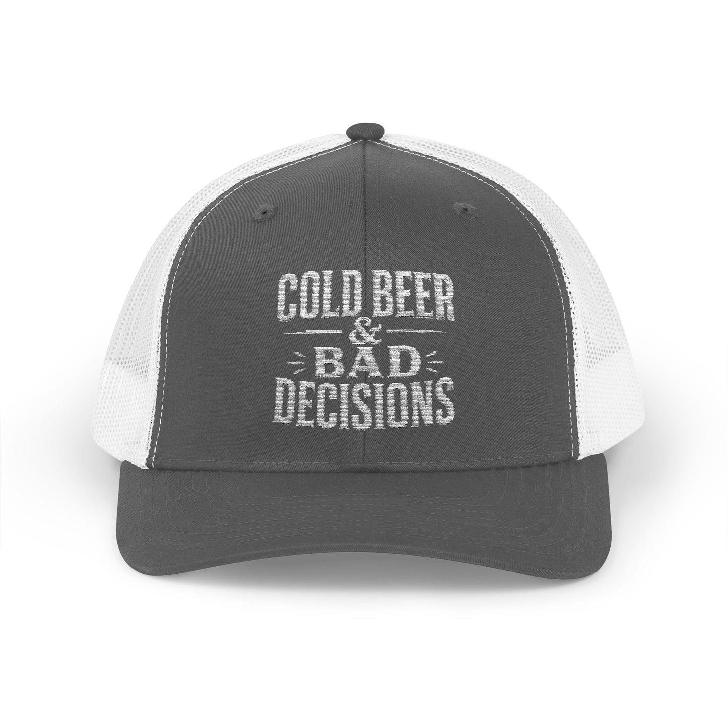 Cold Beer & Bad Decisions Snapback Trucker Cap — Distressed Beer Logo Mesh Hat