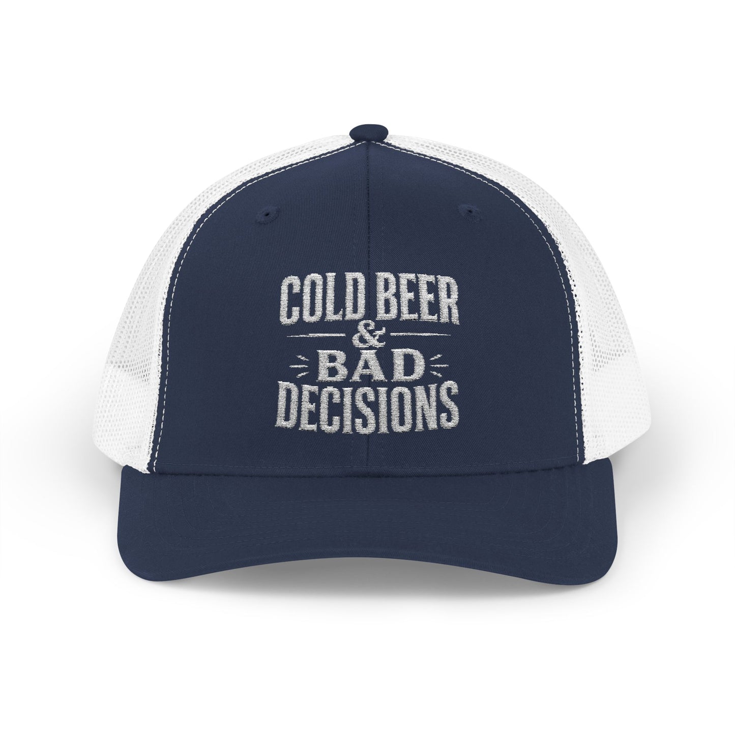 Cold Beer & Bad Decisions Snapback Trucker Cap — Distressed Beer Logo Mesh Hat