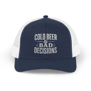 Cold Beer & Bad Decisions Snapback Trucker Cap — Distressed Beer Logo Mesh Hat