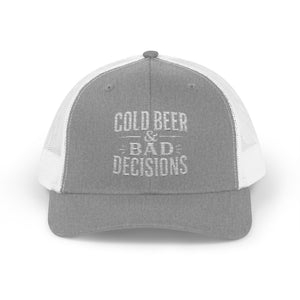 Cold Beer & Bad Decisions Snapback Trucker Cap — Distressed Beer Logo Mesh Hat