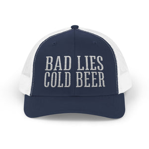 BAD LIES COLD BEER Snapback Trucker Hat