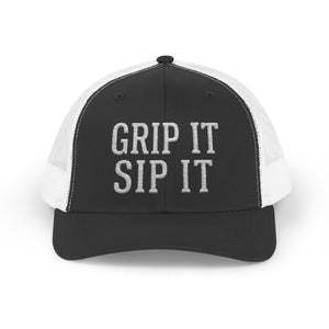 Grip It Sip It Golf Trucker Hat — Snapback Trucker Cap