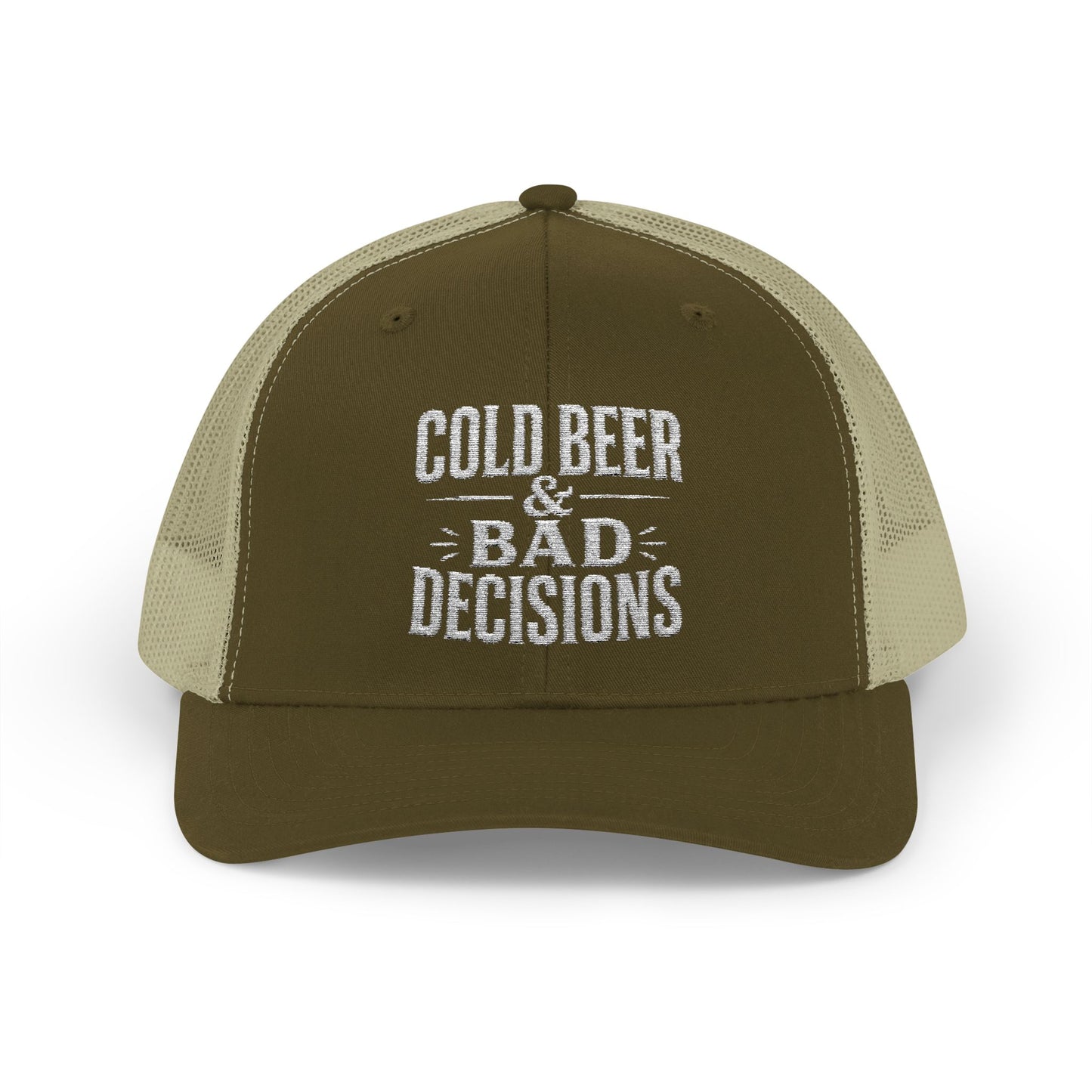 Cold Beer & Bad Decisions Snapback Trucker Cap — Distressed Beer Logo Mesh Hat
