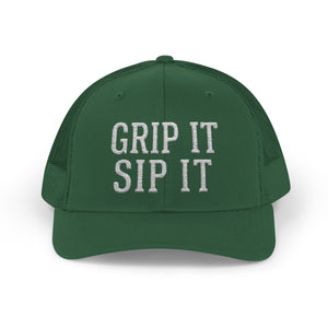 Grip It Sip It Golf Trucker Hat — Snapback Trucker Cap