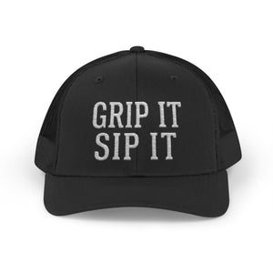 Grip It Sip It Golf Trucker Hat — Snapback Trucker Cap
