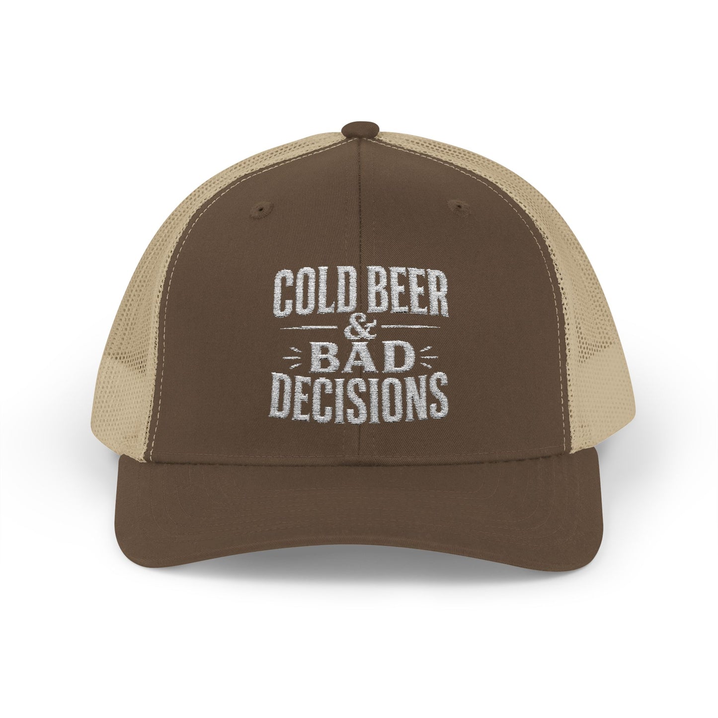Cold Beer & Bad Decisions Snapback Trucker Cap — Distressed Beer Logo Mesh Hat