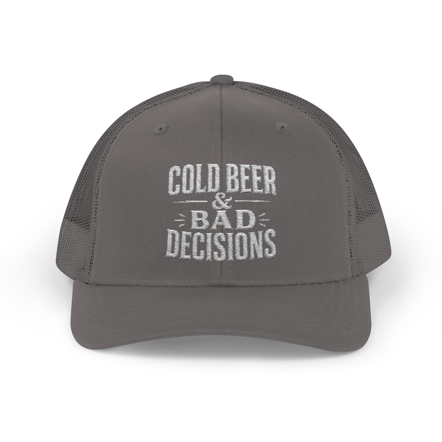 Cold Beer & Bad Decisions Snapback Trucker Cap — Distressed Beer Logo Mesh Hat