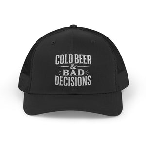 Cold Beer & Bad Decisions Snapback Trucker Cap — Distressed Beer Logo Mesh Hat