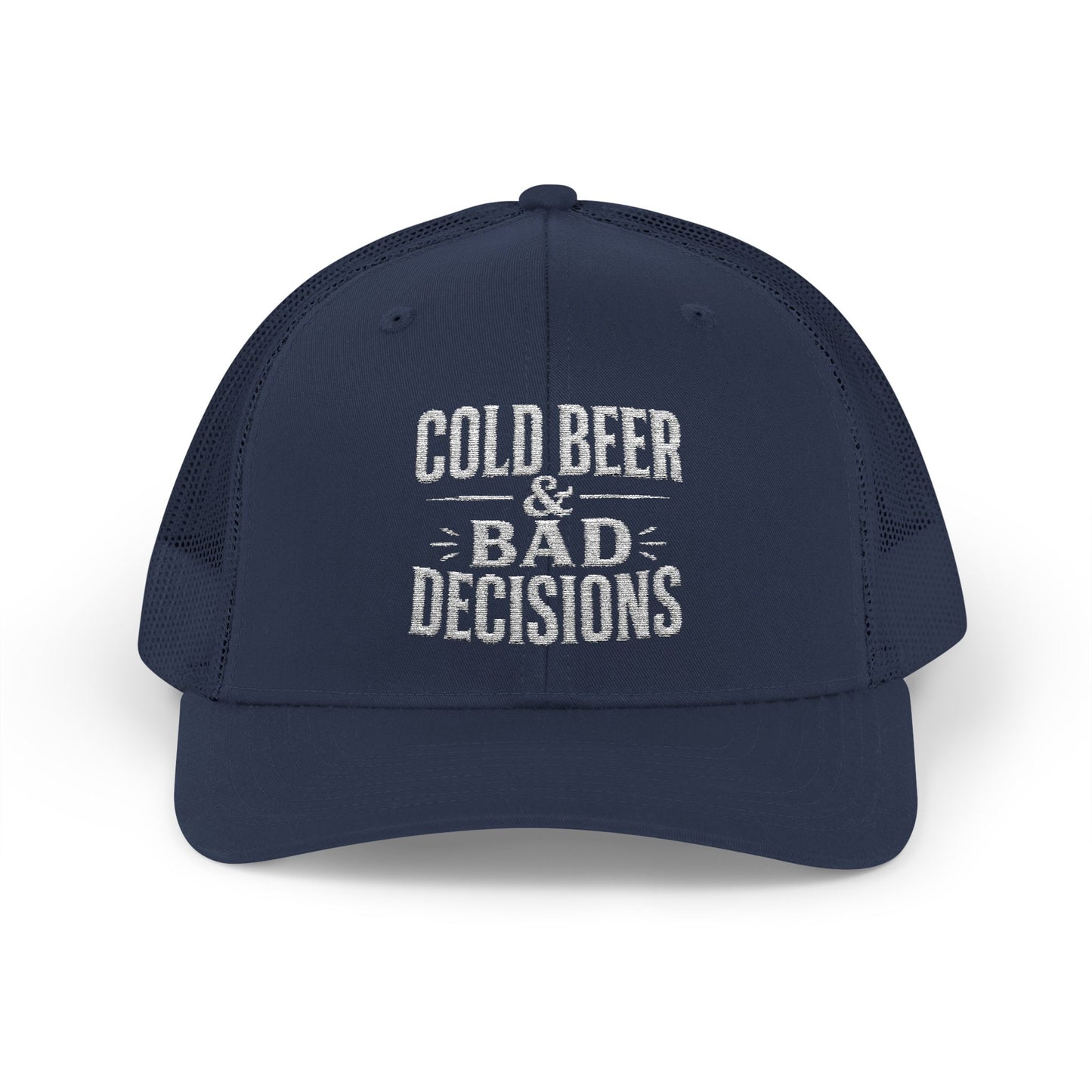 Cold Beer & Bad Decisions Snapback Trucker Cap — Distressed Beer Logo Mesh Hat