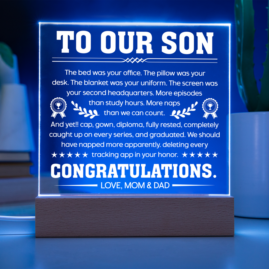 Son Graduation Gift Acrylic LED Plaque from Mom and Dad, Congratulations Graduation Keepsake for Son