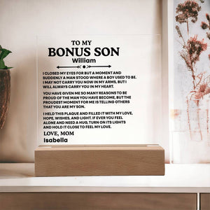 To My Bonus Son Acrylic Plaque from Mom and Dad – Personalized LED Night Light Emotional Gift for Bonus Son
