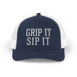 Grip It Sip It Golf Trucker Hat — Snapback Trucker Cap