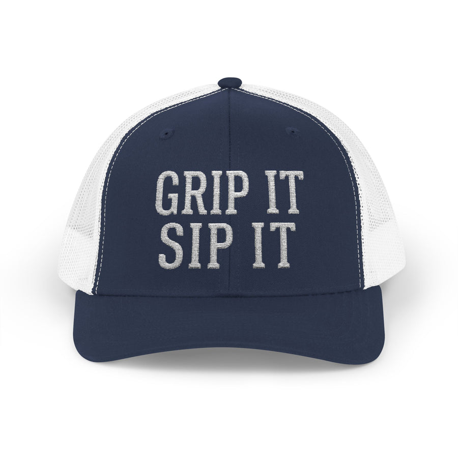 Grip It Sip It Golf Trucker Hat — Snapback Trucker Cap