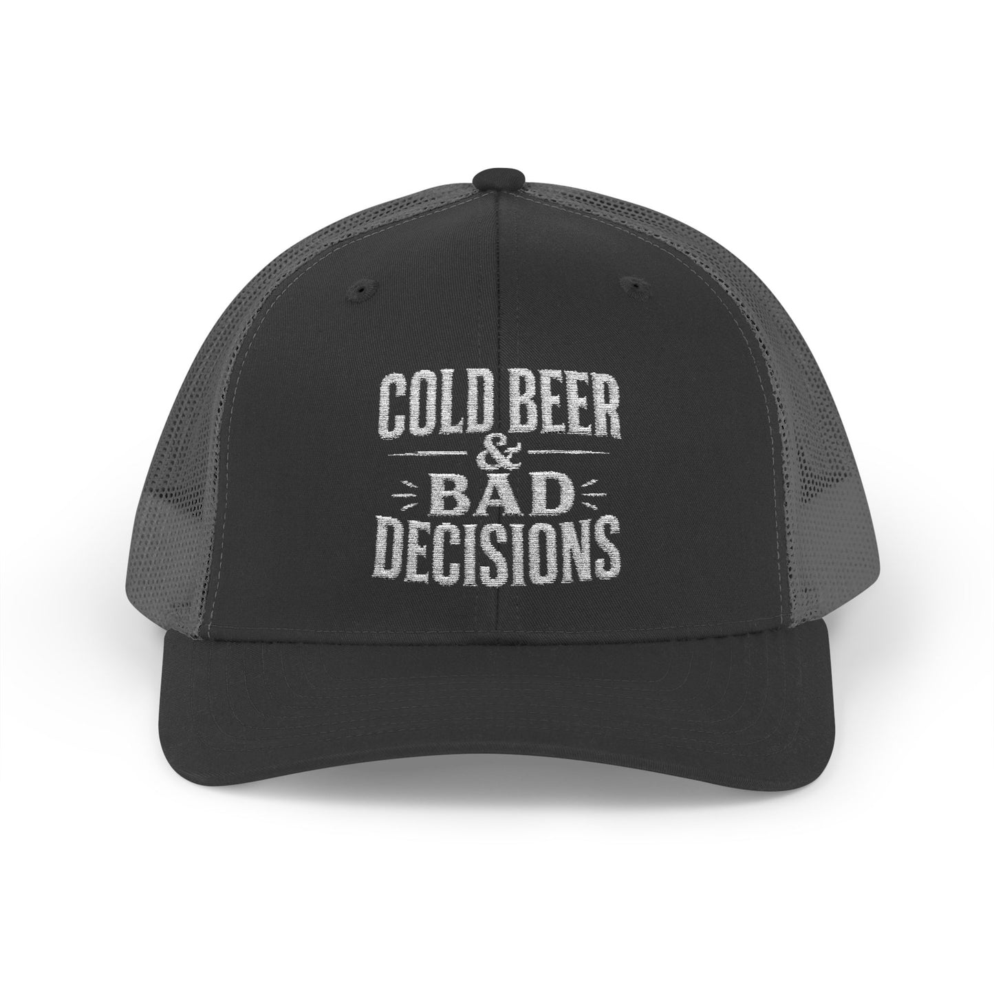 Cold Beer & Bad Decisions Snapback Trucker Cap — Distressed Beer Logo Mesh Hat
