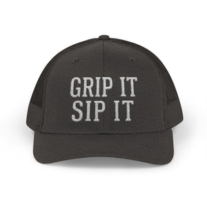 Grip It Sip It Golf Trucker Hat — Snapback Trucker Cap
