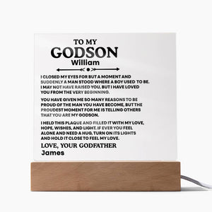 To My Godson Acrylic Plaque – Gift from Godfather and Godmother | Emotional LED Night Light Keepsake
