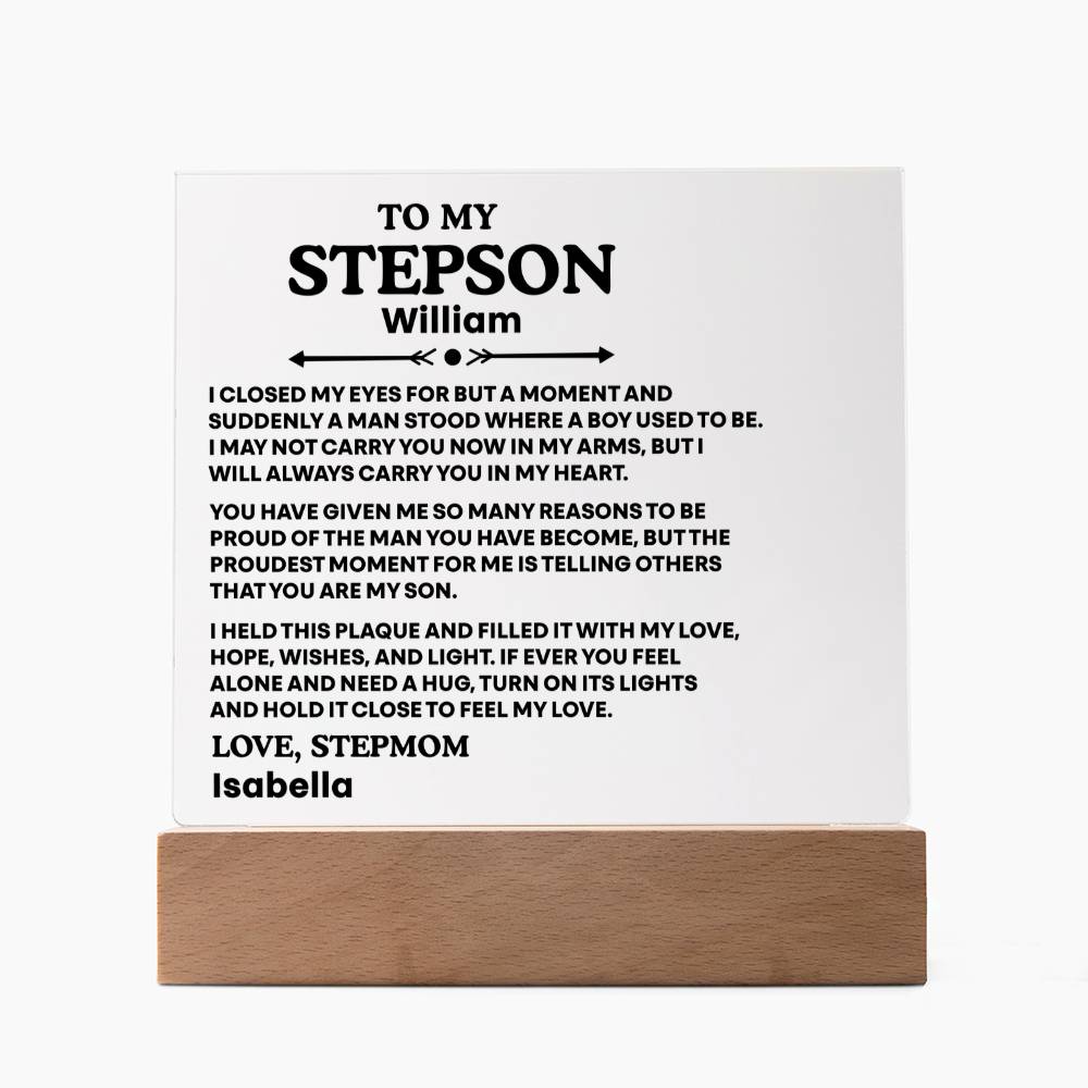 To My Stepson Acrylic Plaque from Stepmom and Stepdad – Personalized LED Night Light Gift for Stepson