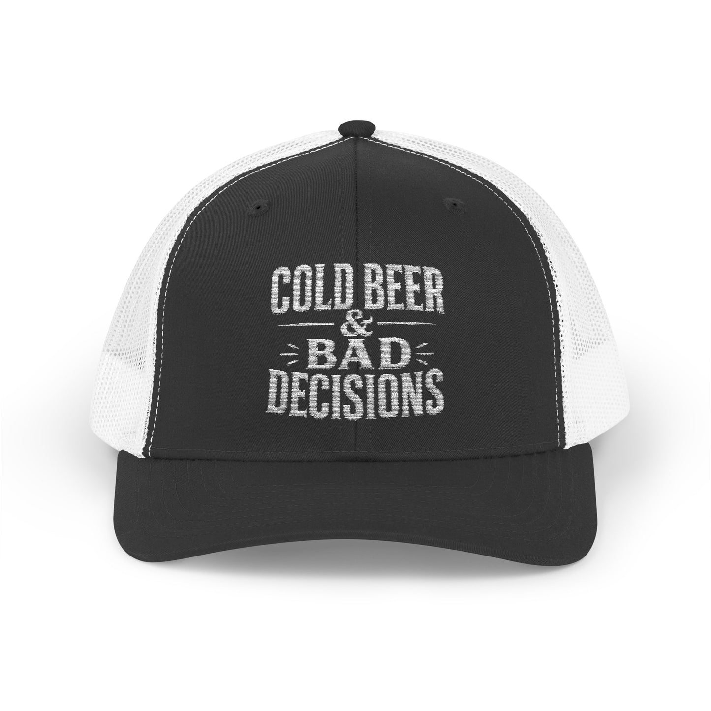 Cold Beer & Bad Decisions Snapback Trucker Cap — Distressed Beer Logo Mesh Hat