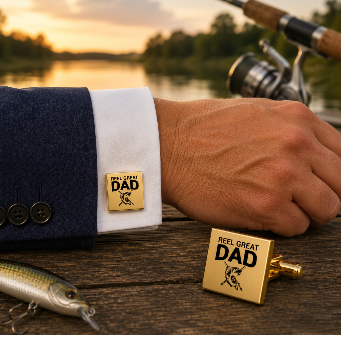 Reel Great Dad Fishing Cufflinks – Square Stainless Steel Fishing Dad Cufflinks Gift for Father