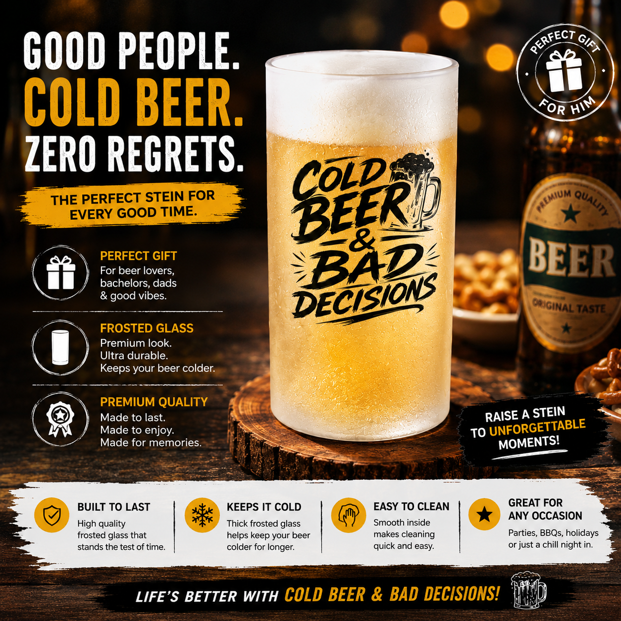 Frosted Beer Mug — "Cold Beer & Bad Decisions" Funny Drinking Glass