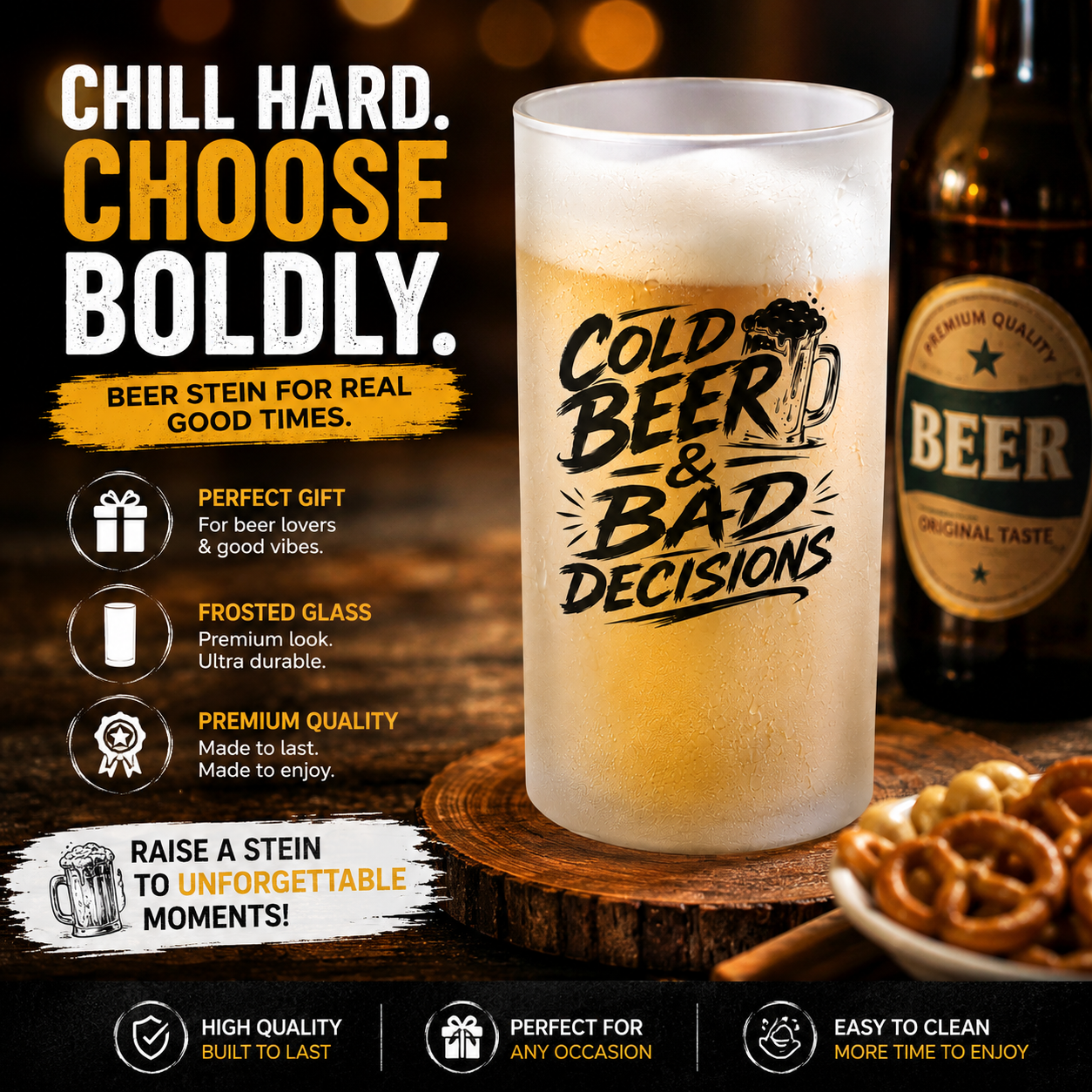 Frosted Beer Mug — "Cold Beer & Bad Decisions" Funny Drinking Glass