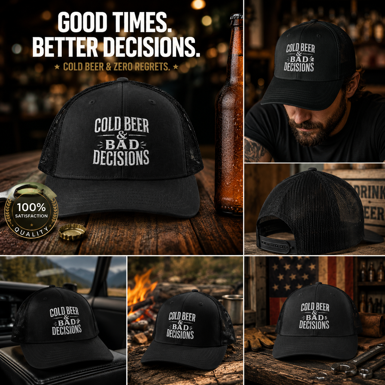 Cold Beer & Bad Decisions Snapback Trucker Cap — Distressed Beer Logo Mesh Hat