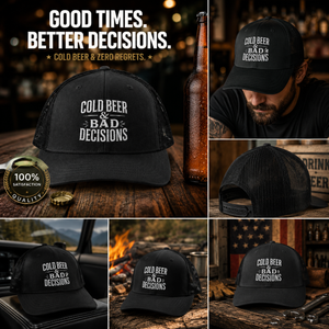 Cold Beer & Bad Decisions Snapback Trucker Cap — Distressed Beer Logo Mesh Hat