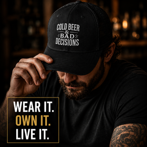 Cold Beer & Bad Decisions Snapback Trucker Cap — Distressed Beer Logo Mesh Hat