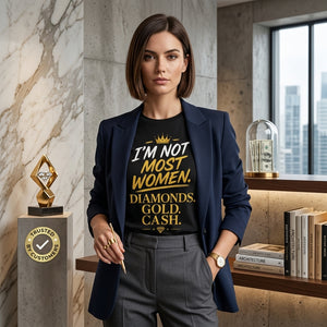 I'm Not Most Women T-Shirt – Diamonds Gold Cash Shirt | Bold Confidence Graphic Tee