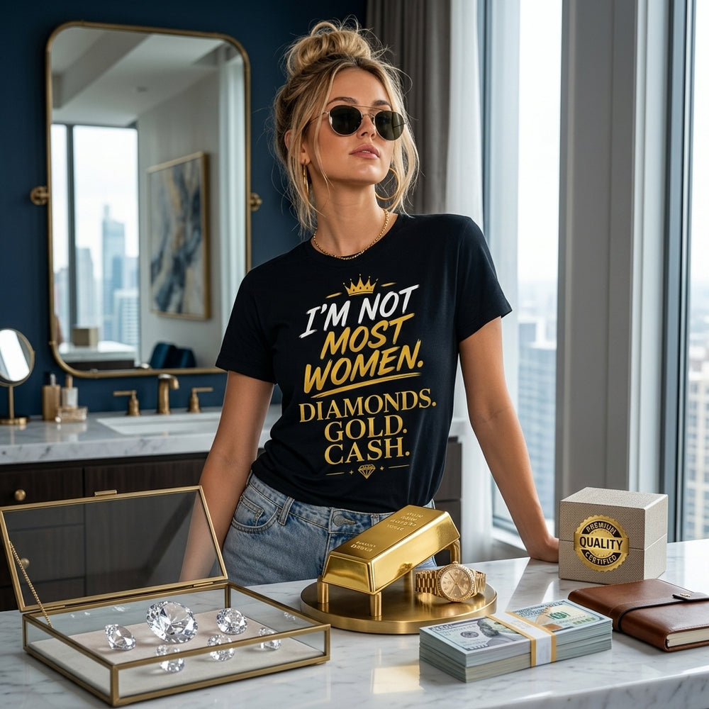 I'm Not Most Women T-Shirt – Diamonds Gold Cash Shirt | Bold Confidence Graphic Tee
