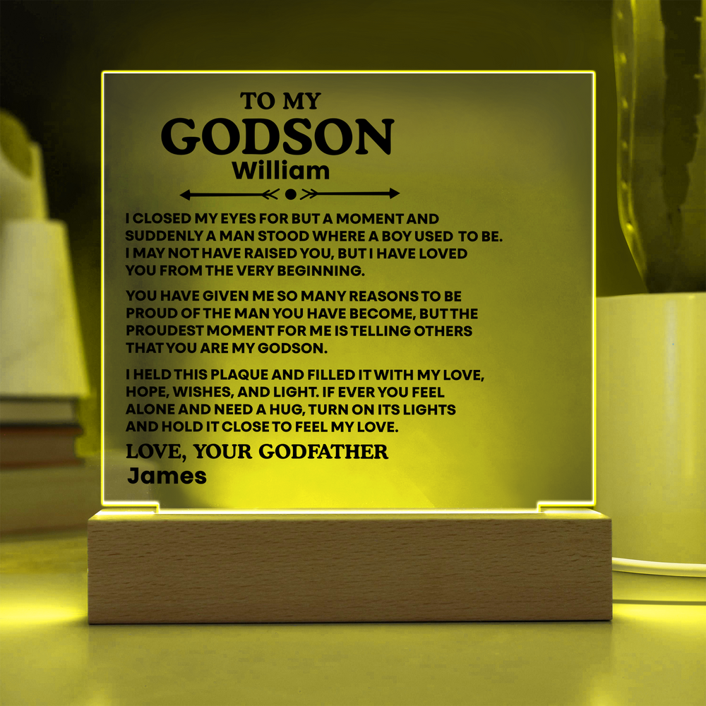 To My Godson Acrylic Plaque – Gift from Godfather and Godmother | Emotional LED Night Light Keepsake