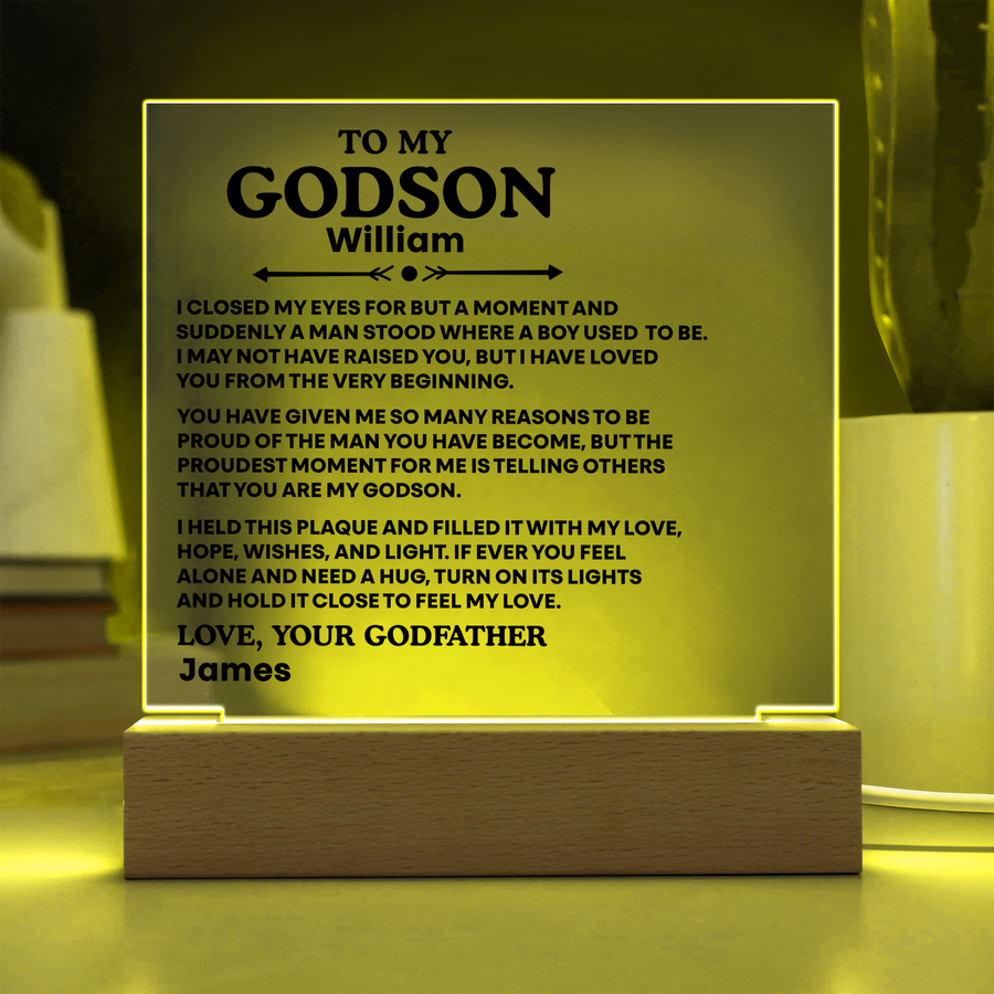To My Godson Acrylic Plaque – Gift from Godfather and Godmother | Emotional LED Night Light Keepsake