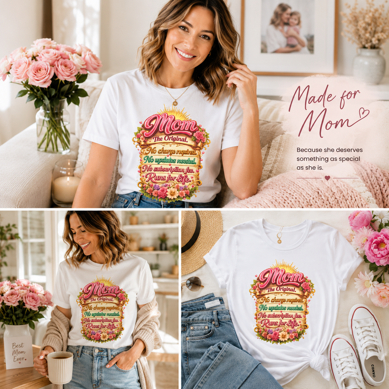 Mom The Original Floral T‑Shirt — No Charge Required Mother's Best Gift