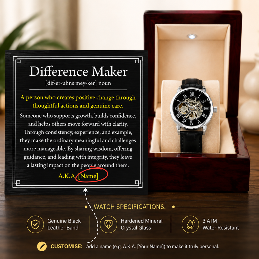 Difference Maker Watch – Personalized Skeleton Mechanical Watch with Inspirational Message Card Gift