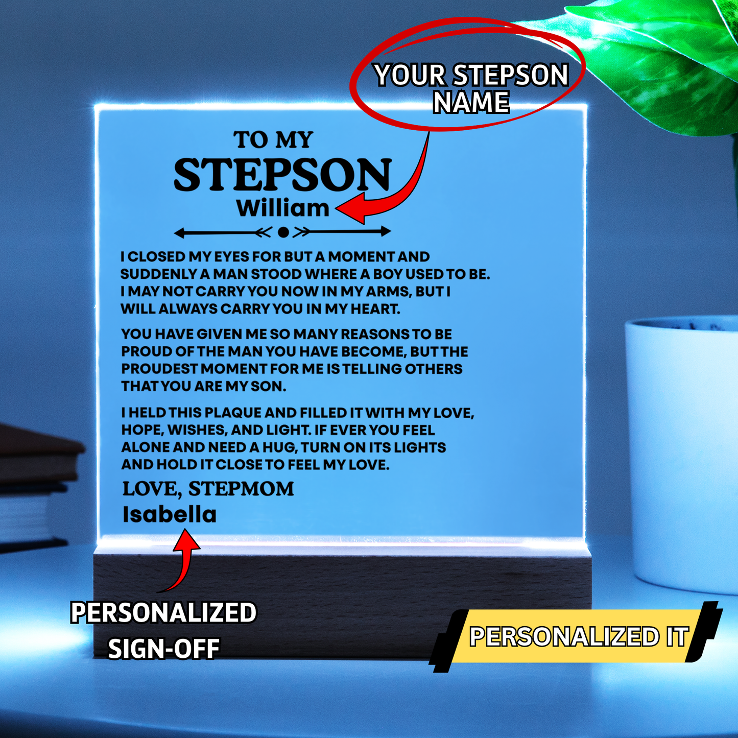 To My Stepson Acrylic Plaque from Stepmom and Stepdad – Personalized LED Night Light Gift for Stepson