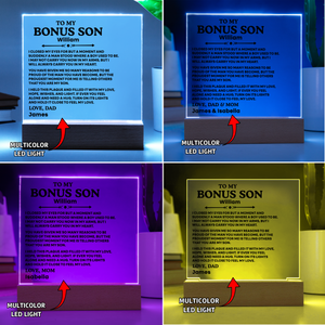 To My Bonus Son Acrylic Plaque from Mom and Dad – Personalized LED Night Light Emotional Gift for Bonus Son