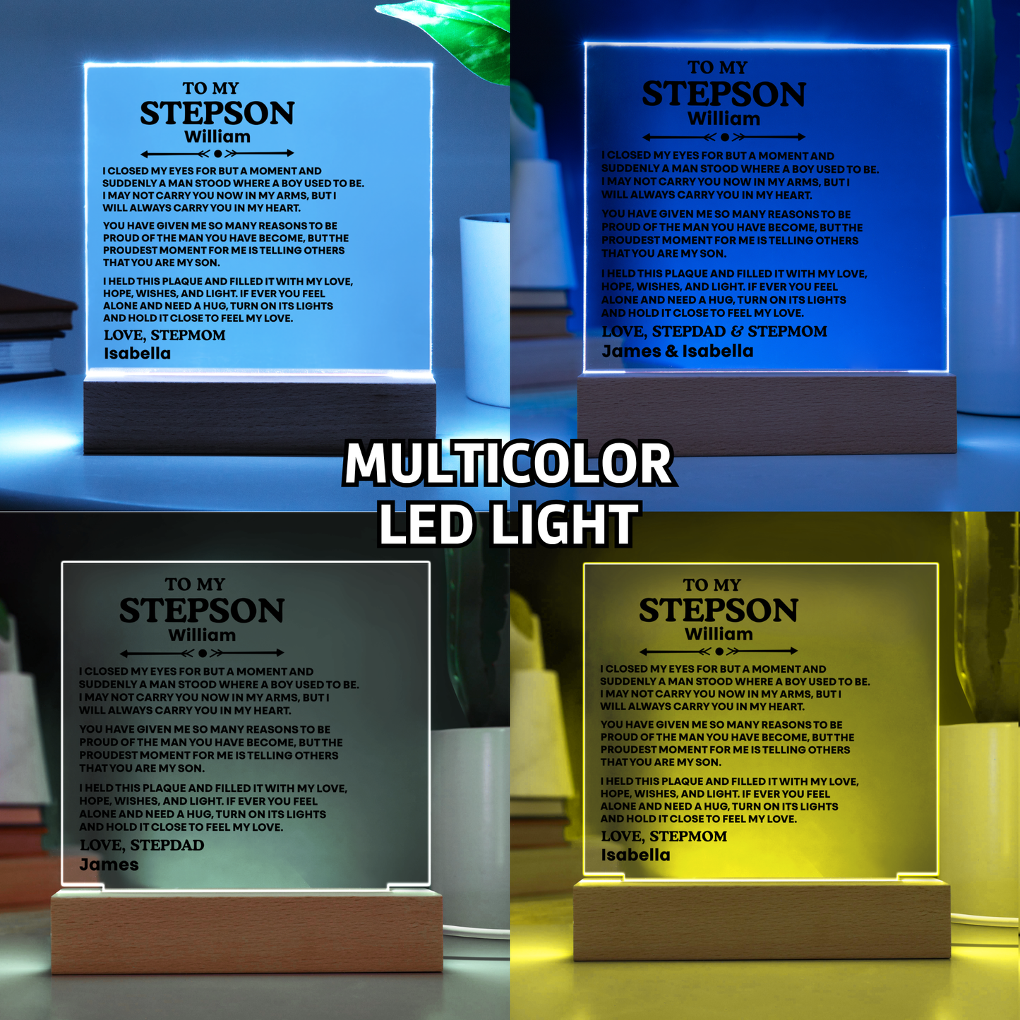 To My Stepson Acrylic Plaque from Stepmom and Stepdad – Personalized LED Night Light Gift for Stepson