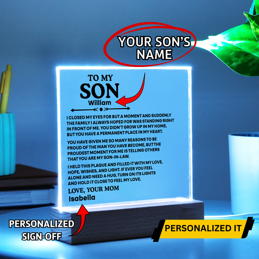 To My Son Acrylic Plaque from Mom and Dad – Emotional Gift for Son | Personalized LED Night Light Keepsake