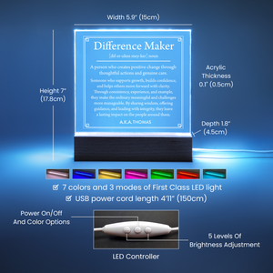 Difference Maker LED Acrylic Plaque – Personalized Night Light Gift for Teacher Mentor Boss with Custom Name