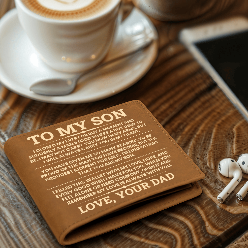 To My Son Leather Wallet, From Dad Gift, Meaningful Graduation or Birthday Gift for Son, Inspirational Wallet Keepsake
