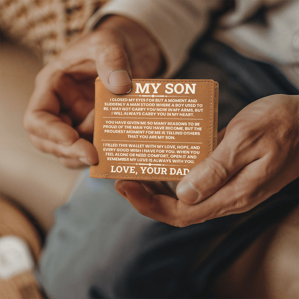 To My Son Leather Wallet, From Dad Gift, Meaningful Graduation or Birthday Gift for Son, Inspirational Wallet Keepsake