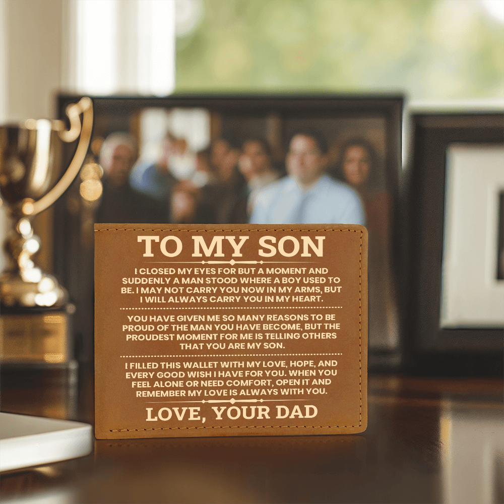 To My Son Leather Wallet, From Dad Gift, Meaningful Graduation or Birthday Gift for Son, Inspirational Wallet Keepsake
