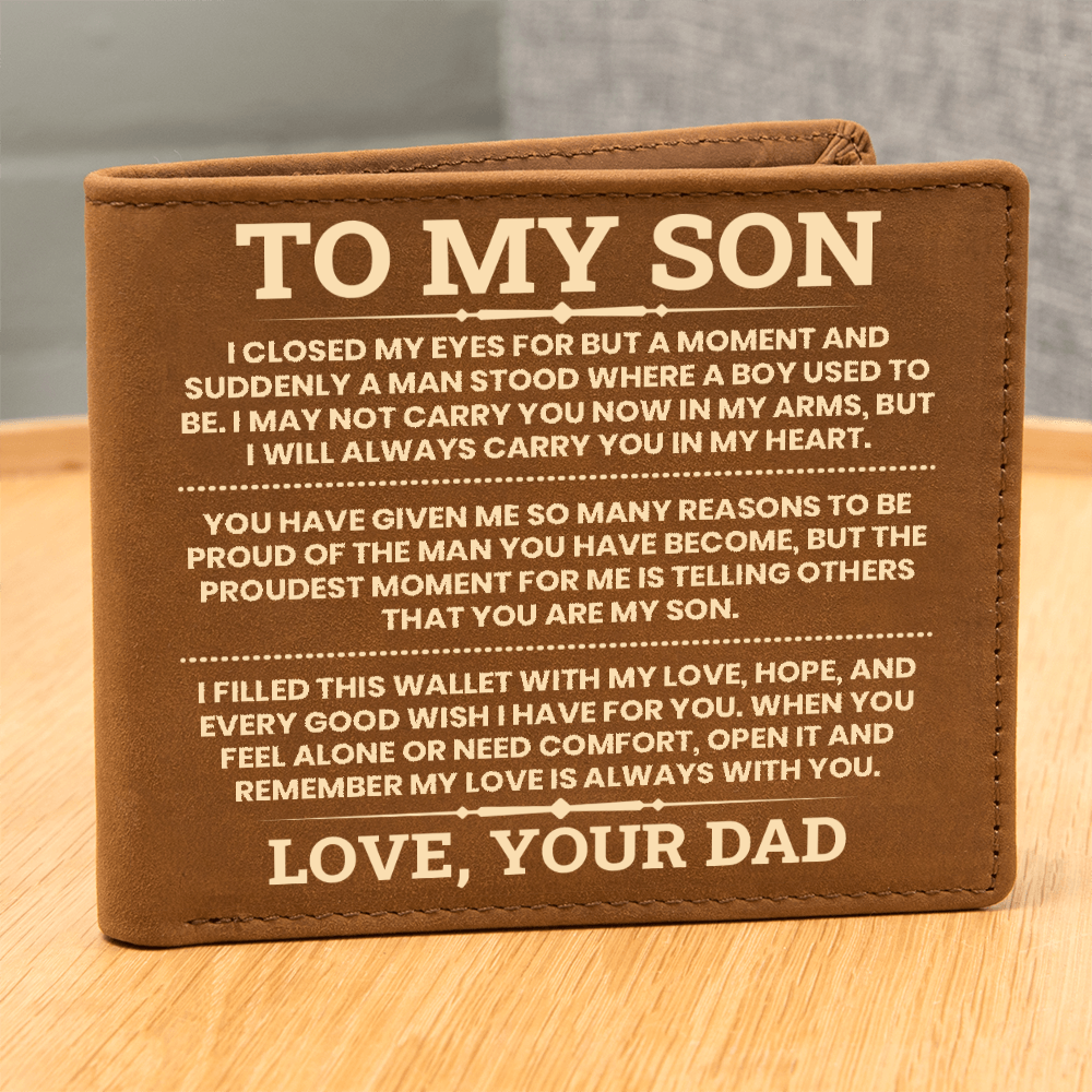 To My Son Leather Wallet, From Dad Gift, Meaningful Graduation or Birthday Gift for Son, Inspirational Wallet Keepsake