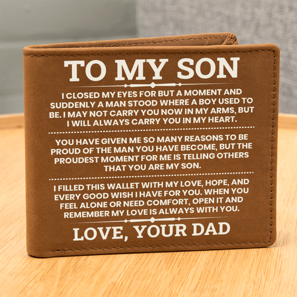 To My Son Leather Wallet, From Dad Gift, Meaningful Graduation or Birthday Gift for Son, Inspirational Wallet Keepsake