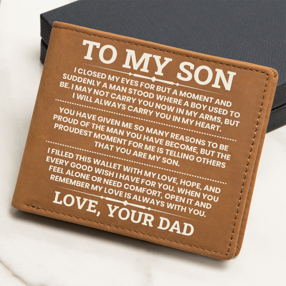 To My Son Leather Wallet, From Dad Gift, Meaningful Graduation or Birthday Gift for Son, Inspirational Wallet Keepsake
