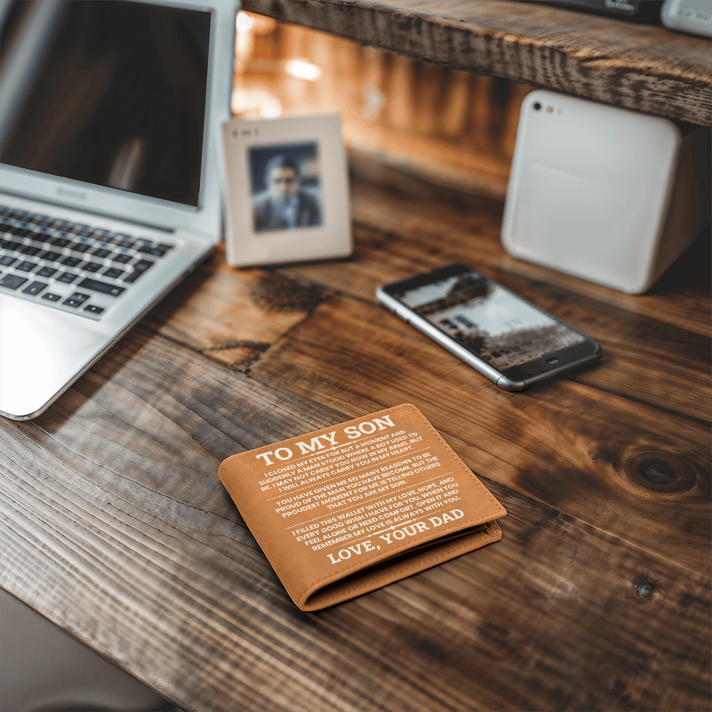 To My Son Leather Wallet, From Dad Gift, Meaningful Graduation or Birthday Gift for Son, Inspirational Wallet Keepsake