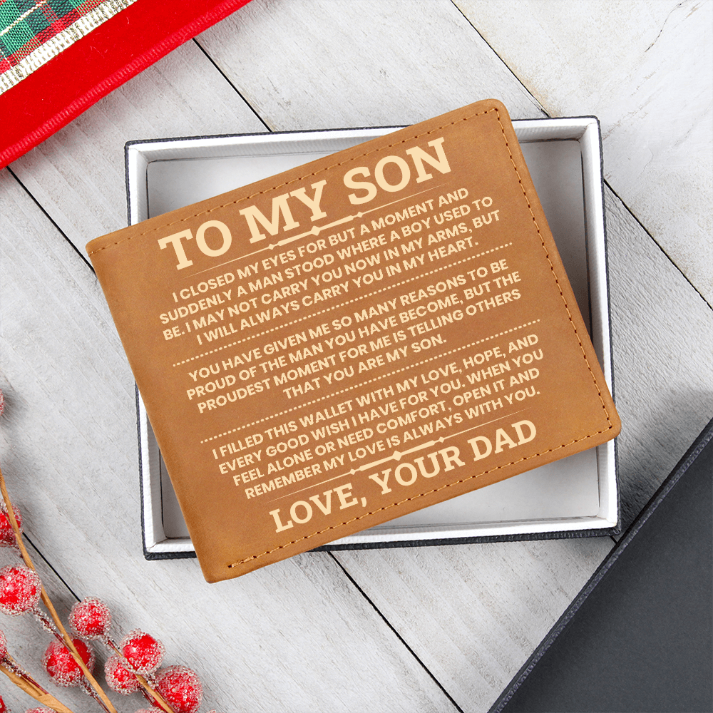 To My Son Leather Wallet, From Dad Gift, Meaningful Graduation or Birthday Gift for Son, Inspirational Wallet Keepsake