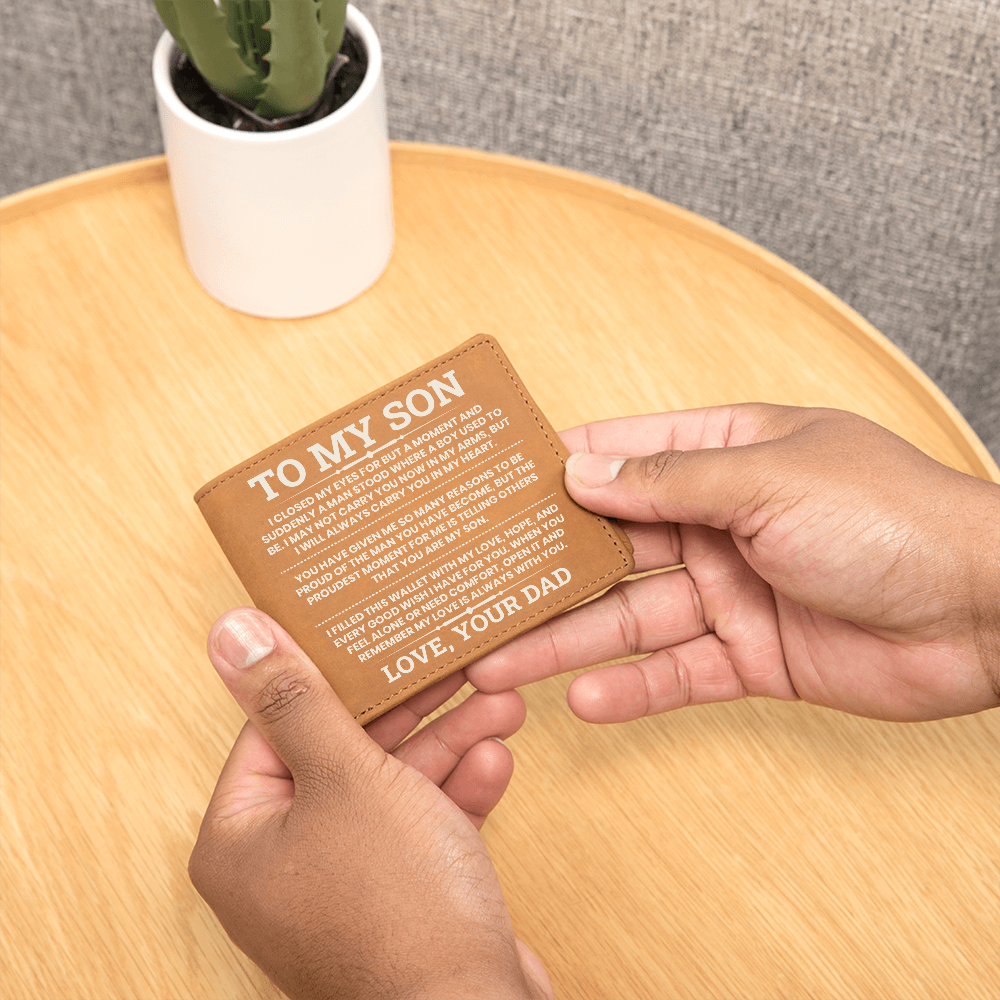 To My Son Leather Wallet, From Dad Gift, Meaningful Graduation or Birthday Gift for Son, Inspirational Wallet Keepsake