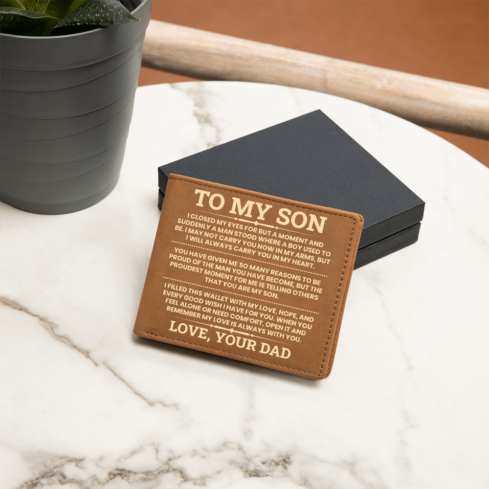 To My Son Leather Wallet, From Dad Gift, Meaningful Graduation or Birthday Gift for Son, Inspirational Wallet Keepsake